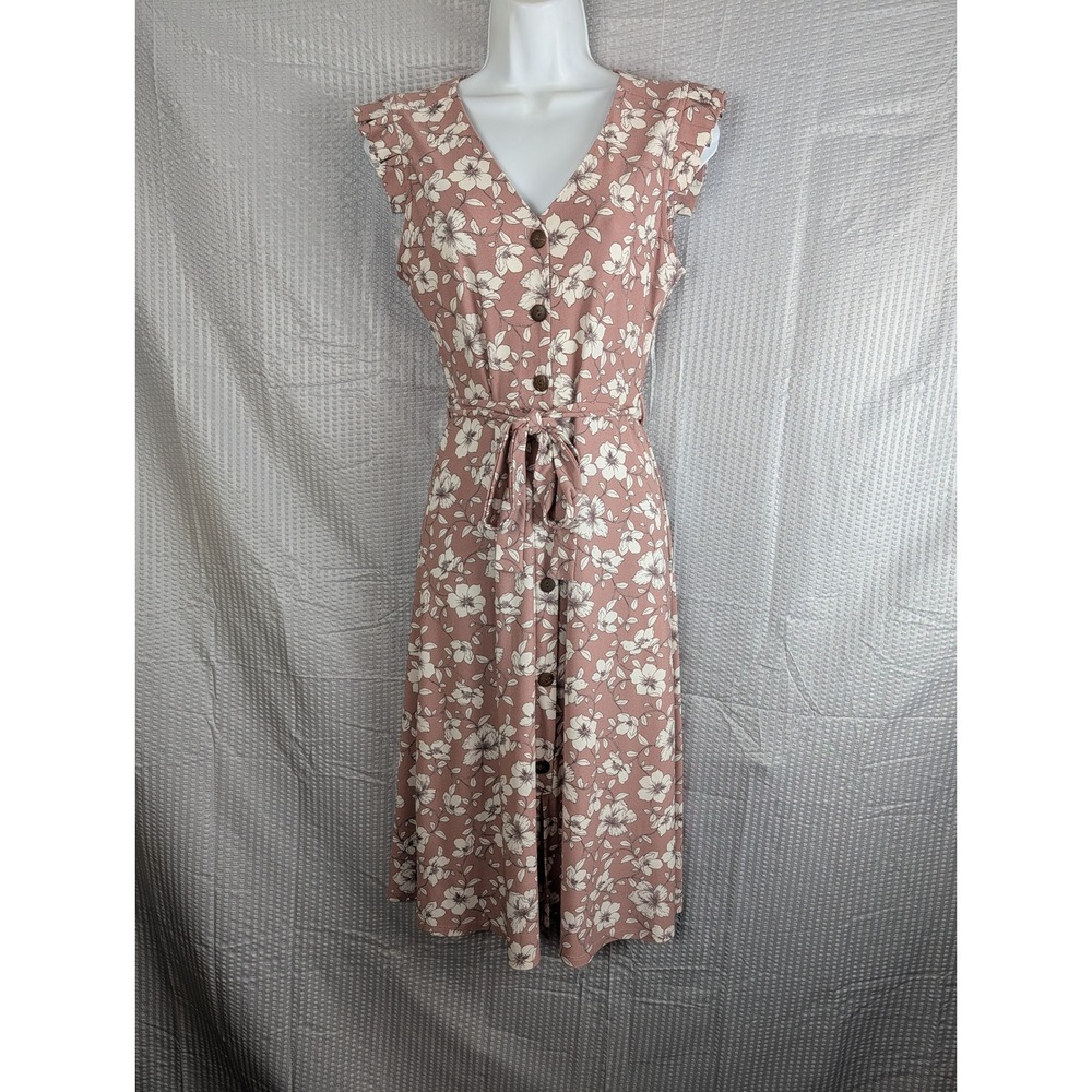 Monteau Los Angeles Womens S Floral Midi Dress V Neck Button Front Tie Waist
